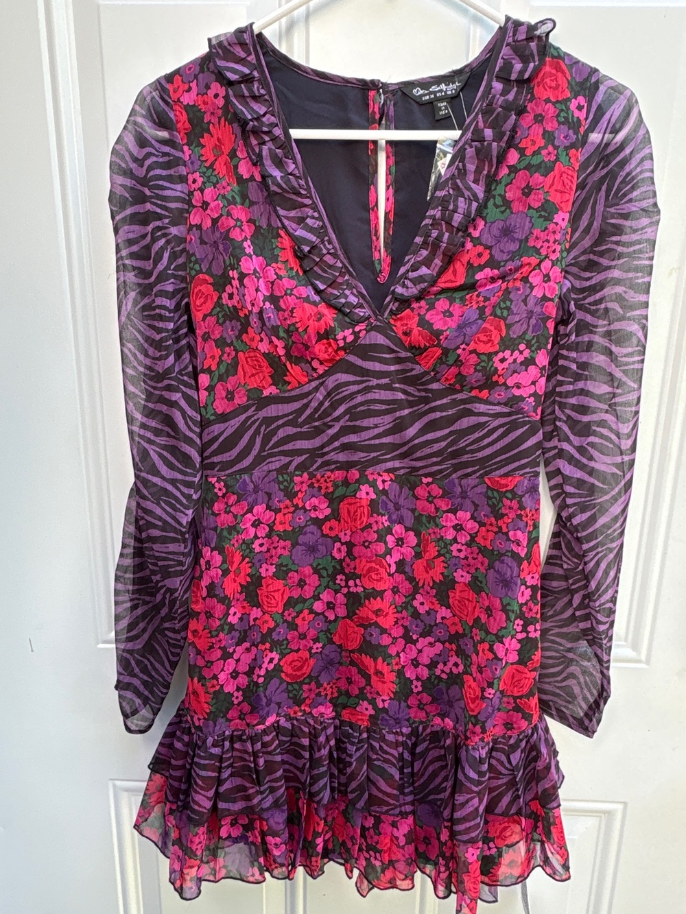 Miss selfridges Floral & Zebra Print Ruffled Mini Dress - Purple & Fuchsia nwt 4